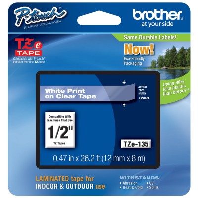 CINTA BROTHER TZES135 BLANCO SOBRE TRANSPARENTE 12MM ERESISTENTE TZES135